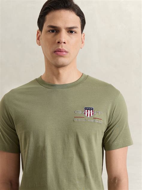 Shop GANT Men Olive Green Solid T-Shirt Online