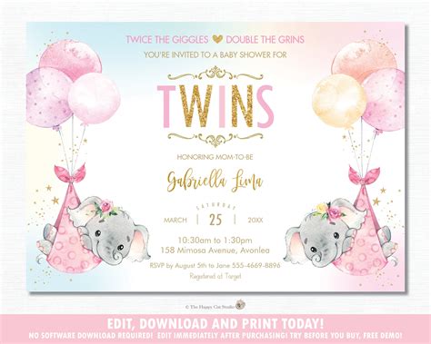 Twin Baby Shower Blank Invitations Printable