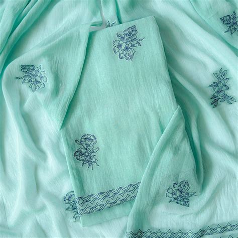 Turquoise Lilies of the Valley Woven Applique Pure Mul Chanderi Unstit ...