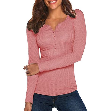Womens V Neck Shirts Long Sleeve Solid Button Down Basic Tops Tees ...