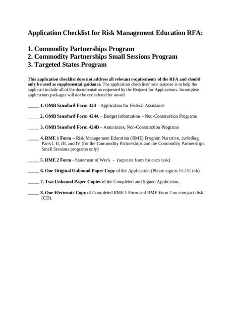 Application Checklist for Risk Management Education Rfa Doc Template ...