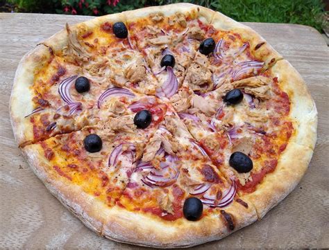 New York style pizza with tuna, red onion and olives. : r/Pizza
