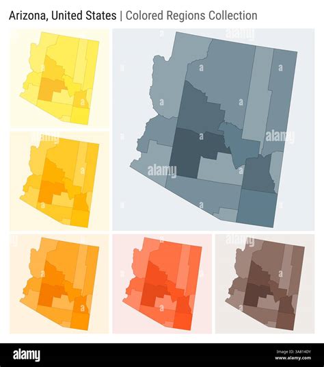 Arizona, United States. Map collection. State shape. Colored counties. Blue Grey, Yellow, Amber ...