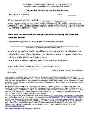 Sample Letter to Households in Schools/Districts Participating in CEP ...