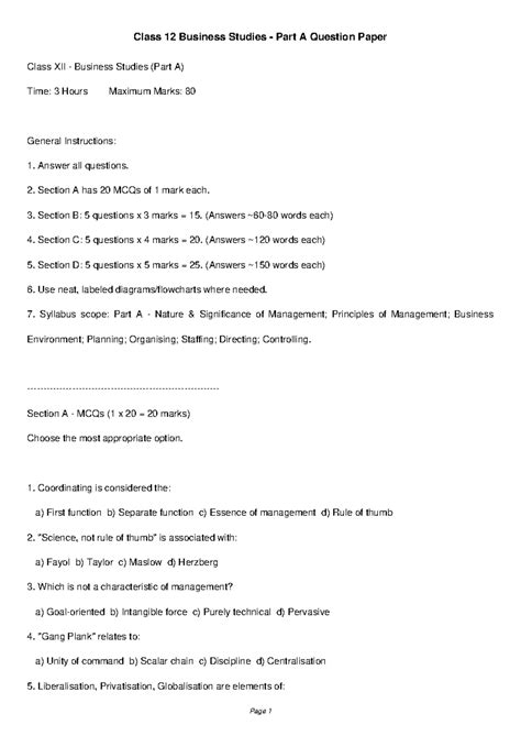 Class 12 BST Part A Question Paper: MCQs & Long Answers - Studocu