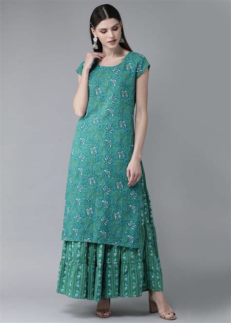 Get Floral Printed Green Straight Kurta With Layered Skirt Set at ...