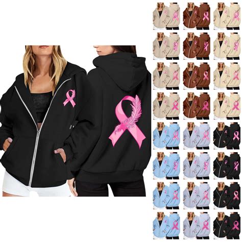Breast Cancer Awareness Hoodies for Women 2025 Long Sleeve Zip Up ...