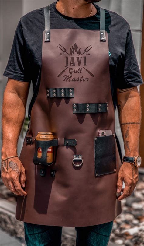 Custom Leather Apron With Pockets for Drinks BBQ, Barbecue, Grill ...