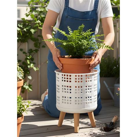 Buy Aarvi Decor White Metal And Wood Freestanding Round Mesh Planter Online