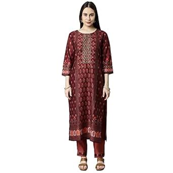 KAMI KUBI Striaight fit embroidered neck printed kurta with paired pant ...