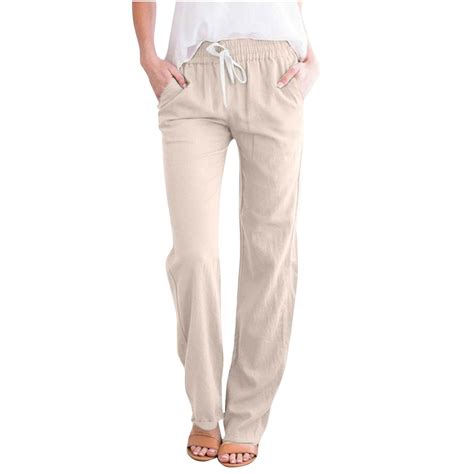Ayolanni Slim Straight Lightweight Summer Pants Women Khaki Cotton ...