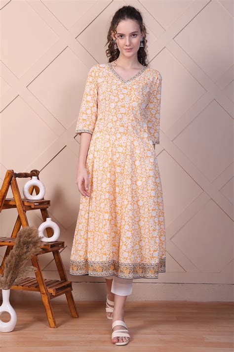 Buy Orange Floral Printed Cotton Lurex Anarkali Kurta Online for Woman ...