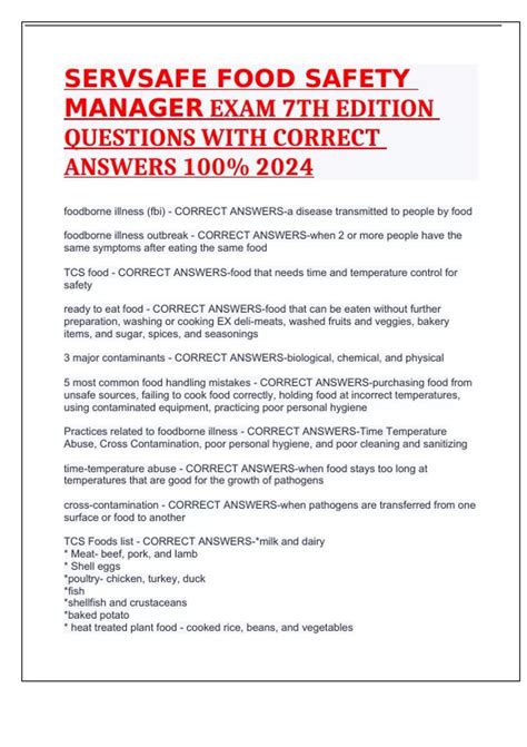 SERVSAFE FOOD SAFETY MANAGER EXAM 7TH EDITION QUESTIONS WITH CORRECT ...