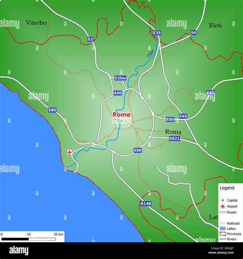 Map of the capital city Rome with main streets, rivers, lakes, urban areas and names of counties ...