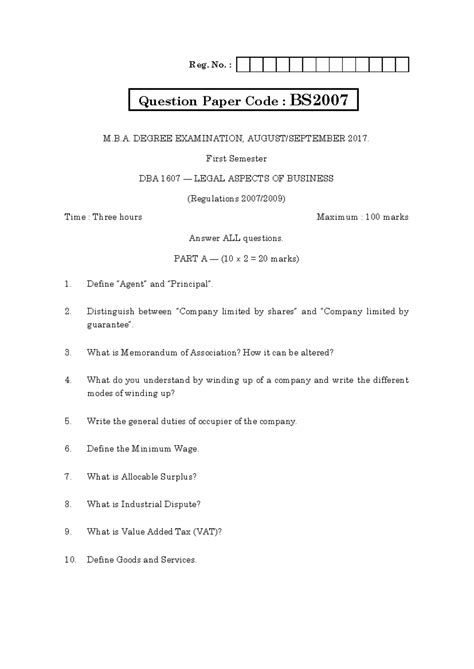 MBA 1607 - Notes - Reg. No. : M.B. DEGREE EXAMINATION, AUGUST/SEPTEMBER ...