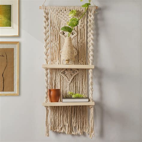 Decazone Macrame Wall Shelf Pure Cotton Cord Pine Wooden Hanging ...
