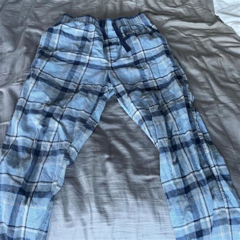 Grey and blue plaid pajama pants, originally from... - Depop