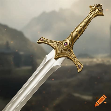 Golden glowing elven sword with unicorn hilt from Lord of the Rings on ...