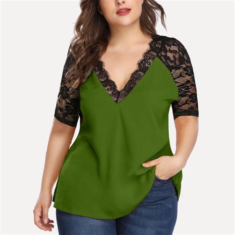 Eiyaclvo Plus Size Tops for Women Summer 2024 Half Sleeve Lace Splicing ...