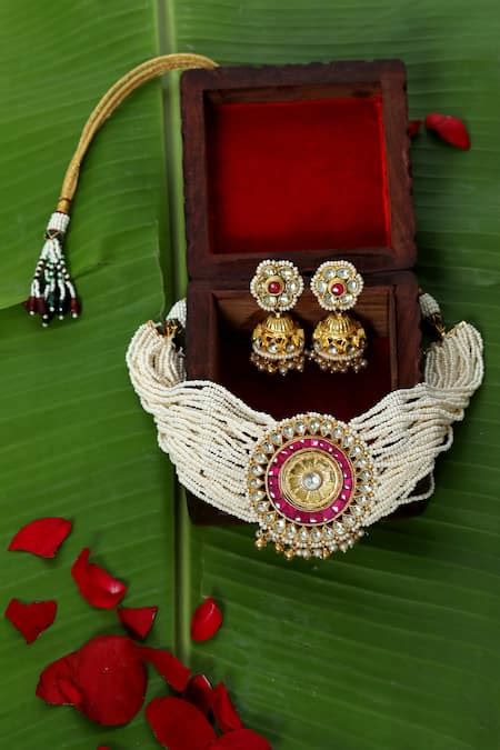 Buy Gold Plated Pearls Kundan Pendant Choker Set by Tizora Online at ...