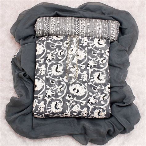 Grey Floral Printed Pure Cotton Dress Material