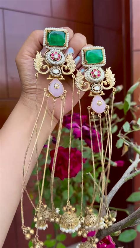 Elaborate Gold-Toned Kashmiri Jhumka Earrings with Gemstones and Chain ...