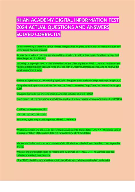 KHAN ACADEMY DIGITAL INFORMATION TEST 2024 ACTUAL QUESTIONS AND ANSWERS ...
