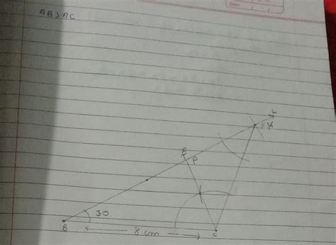 Construct a ∆ABC in which BC = 8 cm, B 30 and AB+AC=12 cm. - Brainly.in
