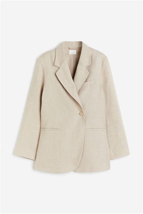Double-breasted linen blazer - Light beige - Ladies | H&M IN
