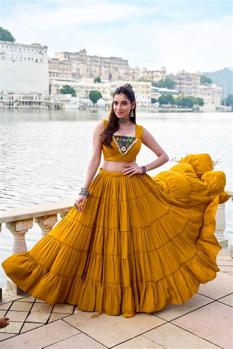 Mustard Rayon Mirror Gamthi Work Navratri Lehenga Choli-1622 MST – Mohi ...