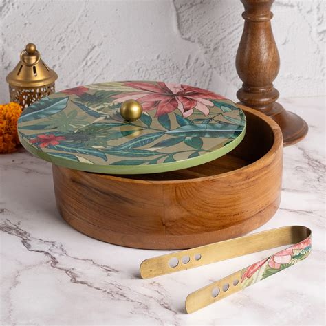 Buy Green Allure Teak Wood Roti Box with Tong Online in India - Nestroots