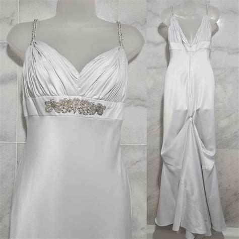Galina White Beaded Wedding Dress Silky Mermaid Train… - Gem