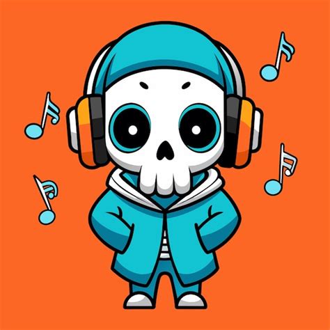 A skull wearing headphones listening to music hand drawn mascot cartoon ...