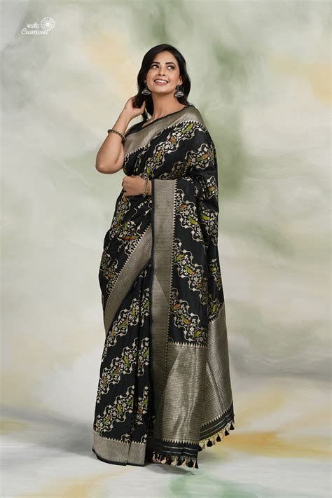 Black Pure Tussar Georgette Handloom Banarasi Paithani Saree ...