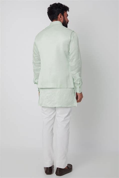 Mens Mint Green Linen Satin Bundi Jacket With Kurta Set – Spring Break
