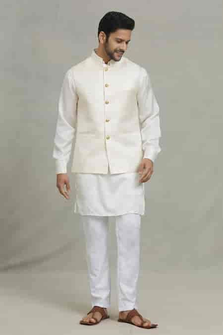 Buy Cream Cotton, Silk Geometric Woven Bundi And Kurta Set For Men by ...