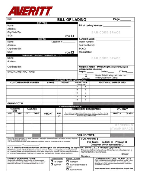 Averitt Express Bill of Lading - Blank Fillable Template | Fill Out ...
