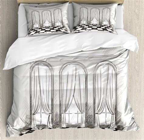 Antique Duvet Cover Set, Sketch Classic Parlor Ballroom Hall Baroque Castle Theatre Curtains ...