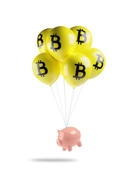 Piggy bank flying with yellow balloons with the bitcoin symbol isolated ...