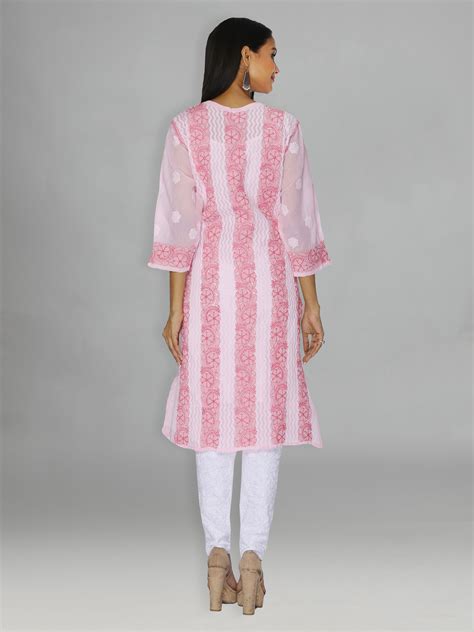 Seva Chikan Hand Embroidered Pink Cotton Lucknowi Chikankari Kurta-SCL