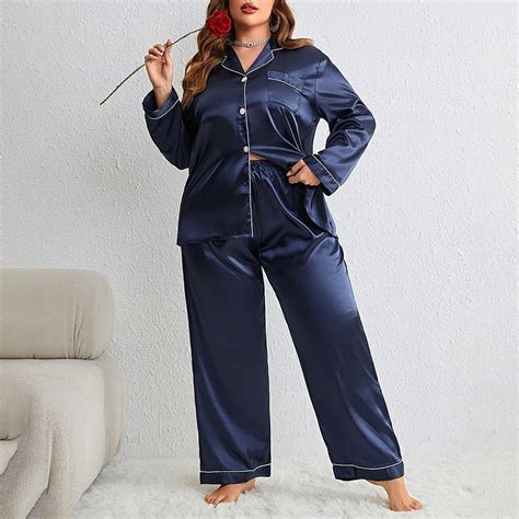 QIUTIAN Plus Size Silk Satin Women Pajama Sets Solid Long Sleeves Top ...