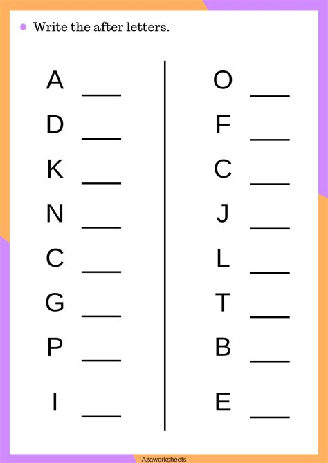 WRITE THE AFTER LETTERS (ALPHABETS WORKSHEETS) | Letter recognition worksheets, Alphabet ...