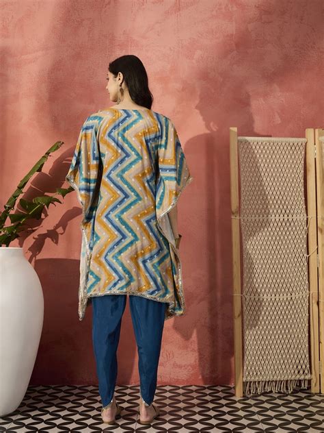 Blue Geometric Printed Yoke Design Mirror Work Kaftan Kurta With Dhoti ...