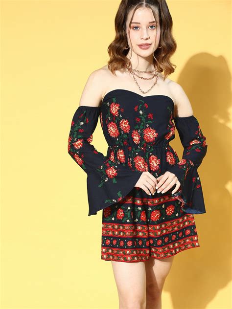 Berrylush Women Navy Blue & Orange Floral Printed Strapless Neck Mini