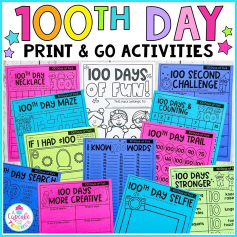 100th Day of School Print & Go Activities - A Cupcake for a Teacher