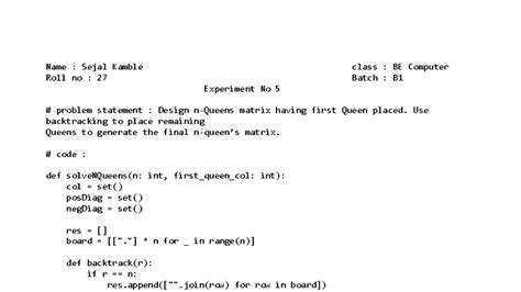 DAA PR 5: Backtracking Solution for N-Queens Problem - Studocu