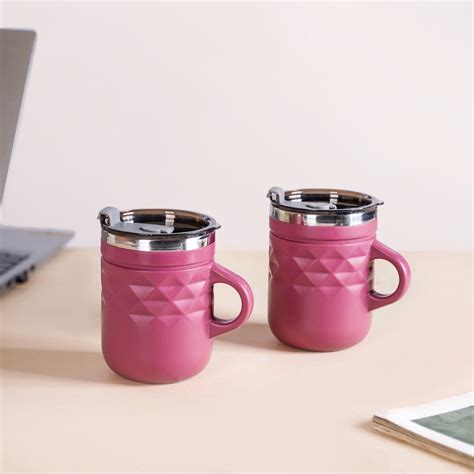Portable Coffee Mug With Lid Set Of 2 Magenta 400ml Online - Premium ...