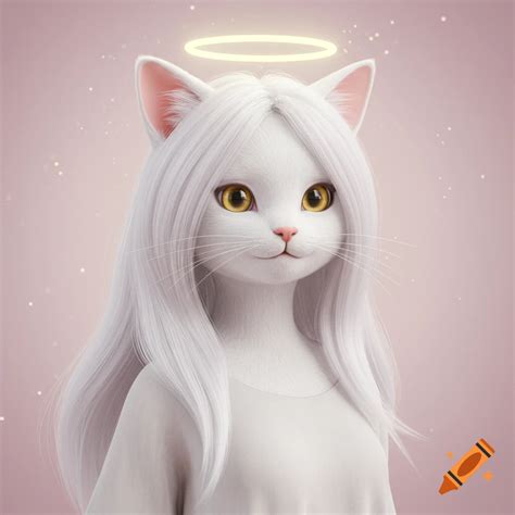 White cat girl with halo, anime style illustration, on Craiyon