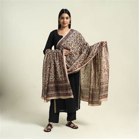 Buy Beige Block Print Cotton Pedana Kalamkari Dupatta – iTokri आई.टोकरी