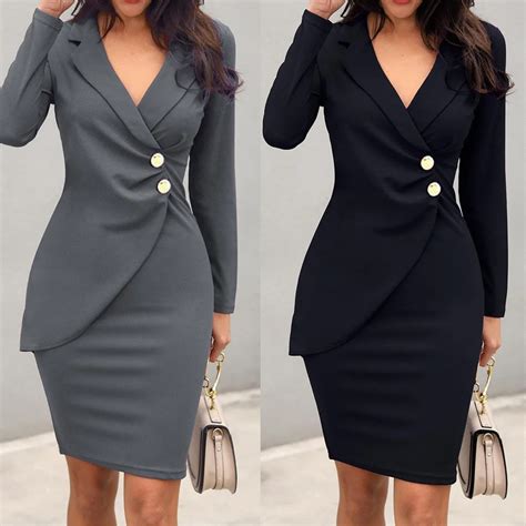 New Office Dress Women Elegant Women Office Lady Sexy Solid Turn Down ...